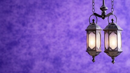 Two decorative lanterns hanging against a textured purple background.