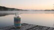 © GMeta - Colorful sand filled jar with seashells on wooden pier at misty lake sunrise