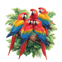 Naklejka na meble Colorful macaws perched on branch among lush foliage