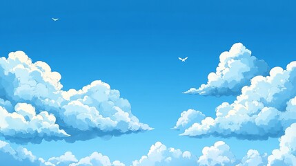 Wall Mural - A bright blue sky filled with fluffy white clouds and distant birds.