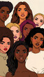 © Go - A diverse group of women with varying skin tones, united in their unique beauty and identities. United Beauty. Diverse Skin Tones, comic art, with white tones