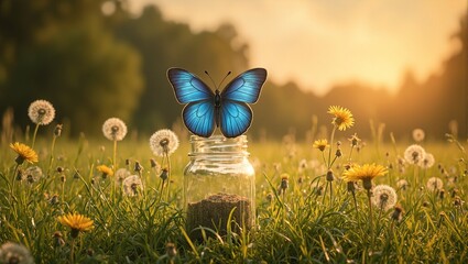 Wall Mural - enchanting blue butterfly on jar amidst lush greenery at sunset