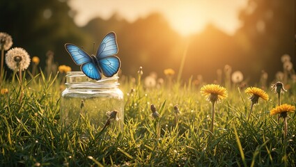 Wall Mural - enchanting blue butterfly on jar amidst lush greenery at sunset