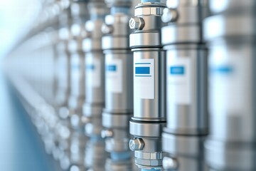 Poster - Industrial Metal Pipes in a Modern Factory with Blurred Background and Labels