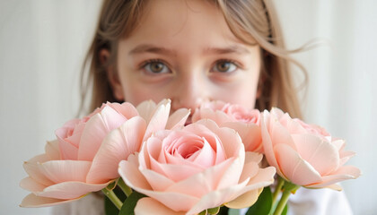 Wall Mural - Girl holding pink roses with a soft expression against a light background