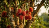 Exotic rambutan tree with red fruits glowing in evening light
