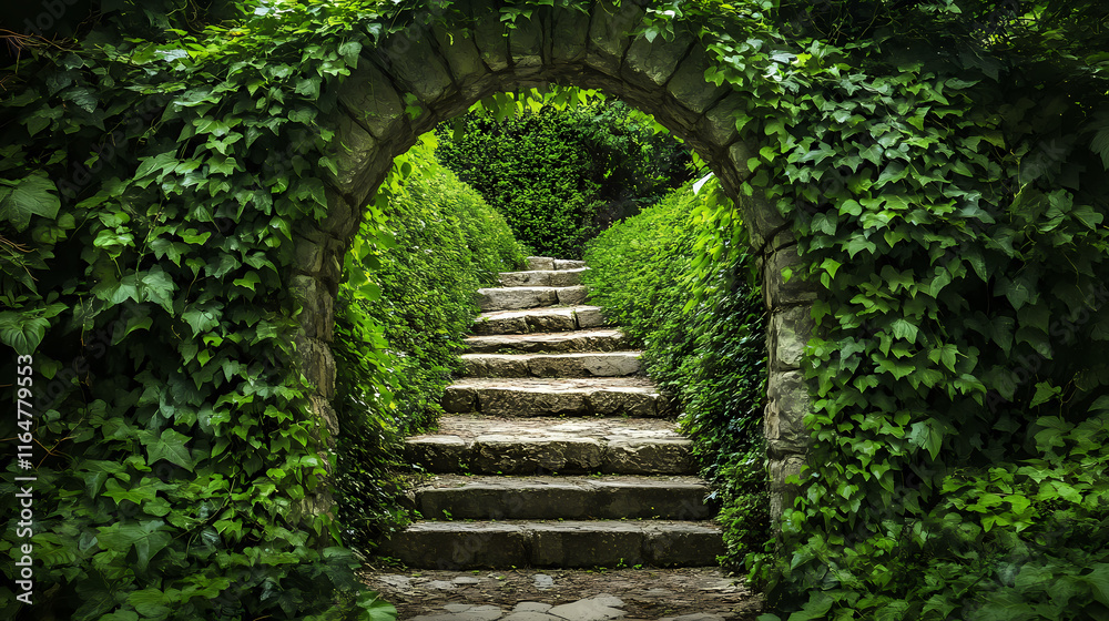 Stone archway leading into verdant forest a lush mystical entrance with ...