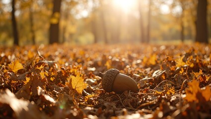 Wall Mural - golden acorn on autumn leaves in soft sunlight
