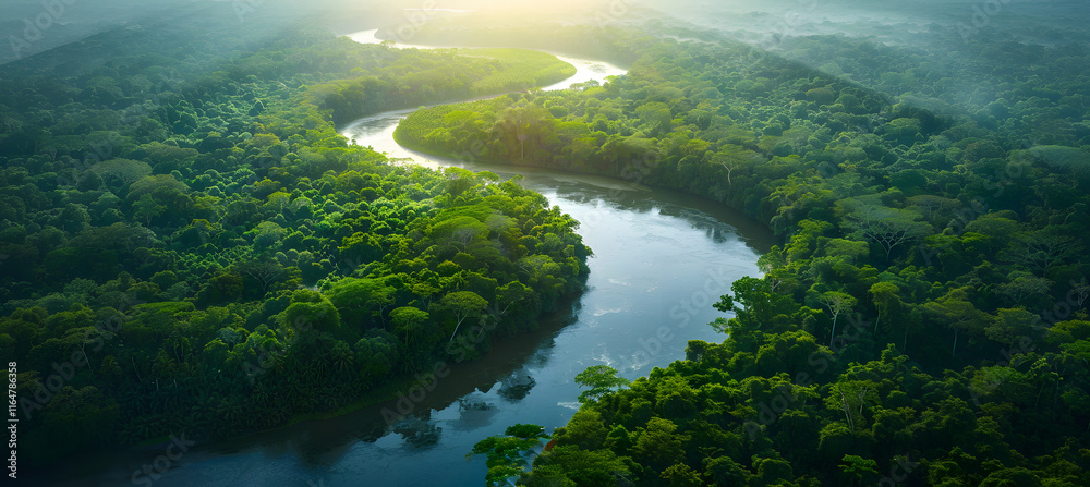 Aerial view of a winding river surrounded by lush green rainforest ...