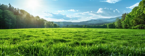 Aufkleber - Lush Green Meadow Surrounded by Verdant Forests and Distant Mountains