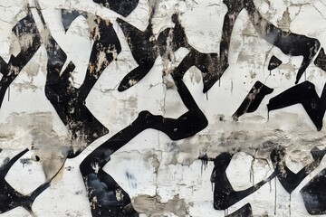 Wall Mural - An abstract wall with black graffiti patterns on a weathered white background, showcasing peeling paint and drips.