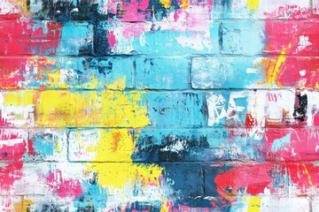 Wall Mural - A vibrant, abstract mural featuring a mix of bright colors including pink, blue, yellow, and white, creating a lively and artistic wall texture.