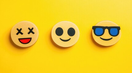 Wall Mural - Three colorful emoji faces on a bright yellow background, representing different emotions.