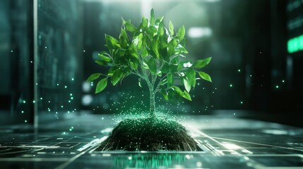 Wall Mural - Design a futuristic hologram concept representing the growth of a tree from a seed into a towering, luminous tree, symbolizing personal or ecological growth. 