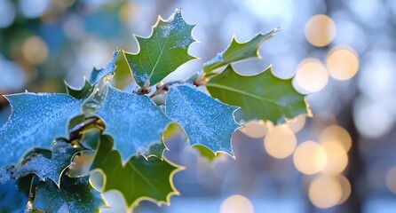 Wall Mural - Frosted holly leaves with blurred lights in the background.