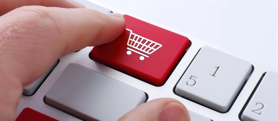 Finger pressing red shopping cart button on keyboard.