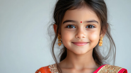 cute little indian girl in elegant sari smiling on white background