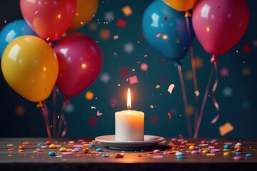 Confetti and balloons floating in the air around a single candle on a table, confetti, flame