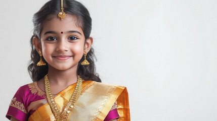 cute little indian girl in elegant sari smiling on white background