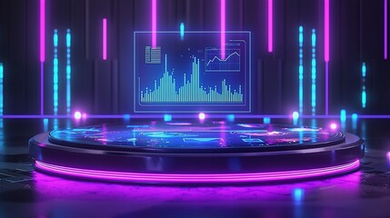 Poster - Futuristic data display on a circular platform with neon lights.