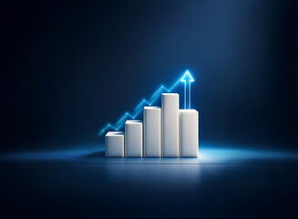 Poster - glowing blue arrow ascends a rising bar graph, symbolizing growth and success against a dark backgro