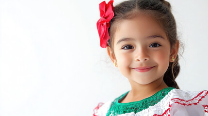 Wall Mural - Cute little mexican or spanish girl in elegant white red and green dress smiling on white background