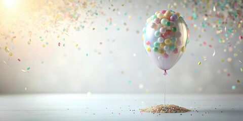 Wall Mural - Pastel balloon adorned with colorful spheres resting on a pile of confetti, surrounded by falling confetti