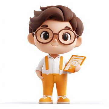 A charming 3D rendered image of a boy wearing glasses and holding an orange tablet. He looks happy and cheerful. Adorable 3d character Data analyst