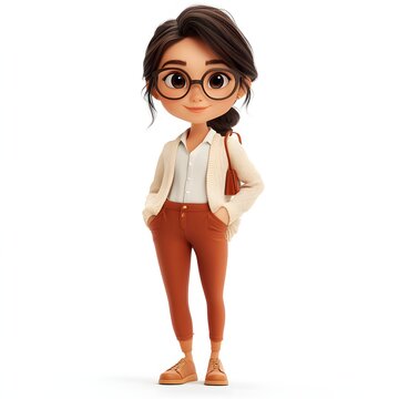 A charming 3D rendered cartoon girl with glasses, wearing a stylish outfit. She looks adorable and cheerful. Adorable 3d character fashion designer