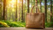 © VisualVault - Eco-friendly jute shopping bag rests on a natural wood surface in a sunlit forest setting