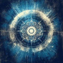 Poster - A circular, futuristic design with a glowing center, surrounded by concentric rings and lines. Generative AI