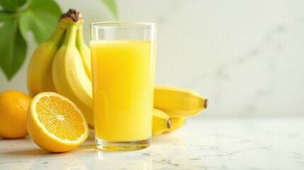 Refreshing citrus and banana juice in a glass, alongside ripe fruit on a bright countertop