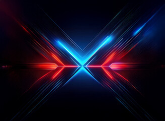 Poster - abstract digital art featuring a vibrant x-shaped design. glowing neon blue and red lines intersect 