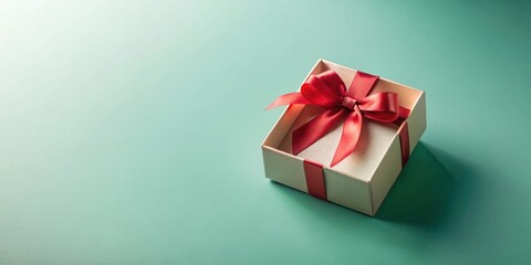 Wall Mural - An empty light beige gift box with a crimson satin ribbon bow on a teal background