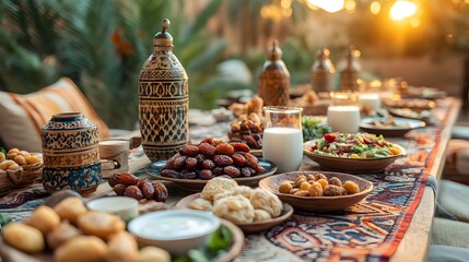 A traditional and serene iftar meal, with dates, milk, and a light breakfast spread on a table, shared by family members