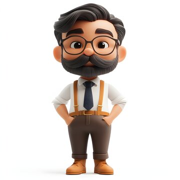 A delightful 3D cartoon illustration of a stylish bearded man. He's friendly and cool. Adorable 3d character Tax consultant