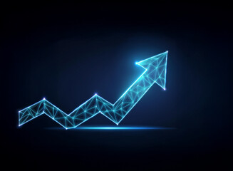 Poster - glowing blue arrow graph ascending on dark background, symbolizing growth and progress. the polygona