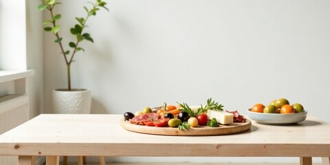 Wall Mural - A Simple Wooden Table Arrangement Featuring an Appetizer Platter with Assorted Ingredients