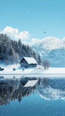 a peaceful winter scene, white clouds and a clear blue sky with a few birds against the mirror-like water, there was a strange house covered with snow, trees surrounded by snow.