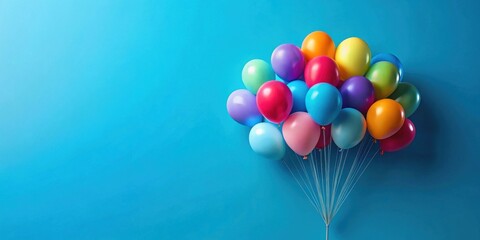 Wall Mural - A vibrant cluster of colorful balloons tied together, floating against a solid blue backdrop.