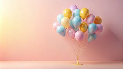 Wall Mural - Pastel-colored balloons arranged in a cluster on a gold stand against a soft pink background, creating a festive and cheerful atmosphere