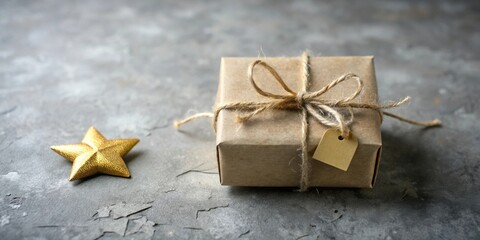 Wall Mural - A simply wrapped gift box with a rustic twine bow and a blank tag sits beside a gold star on a mottled gray surface