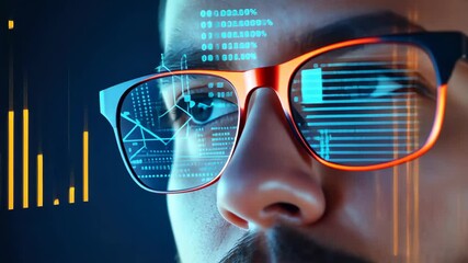 Poster - Close-up of a Person Analyzing Data with Virtual Graphs and Glasses Displaying Insights