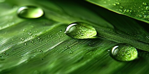 Poster - close-up of three water droplets on the edge of leaf surrounded by lush green texture and soft focus
