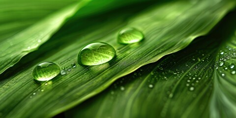 Poster - Detailed Close-Up of Three Water Droplets on Lush Green Leaves, Highlighting Nature and Beauty, Perfect for Natural Themes and Freshness Concepts