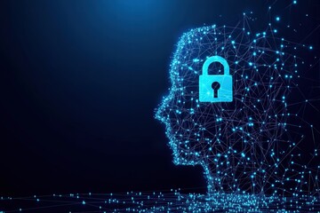 Poster - digital cyber security concept featuring a lock symbol overlaid on a network of lines representing d