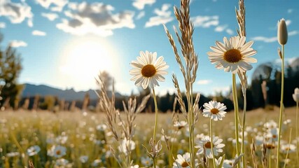 Wall Mural - Bright Daisies Blooming in Sunny Field of Golden Grass and Natures Beauty