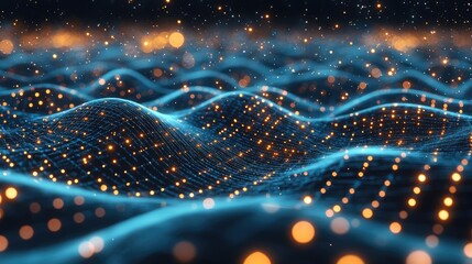 Poster - Sparkle abstract background concept. Abstract digital landscape with glowing particles and waves in blue and gold tones.