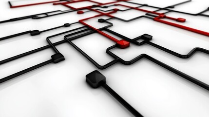 Aufkleber - 3D rendered image of black and red interconnected lines on a white surface, forming an abstract circuit or network pattern.