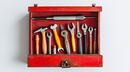 Poster - A bright red wooden toolbox open, displaying a variety of tools inside, centered on a white background, capturing a simple and effective design